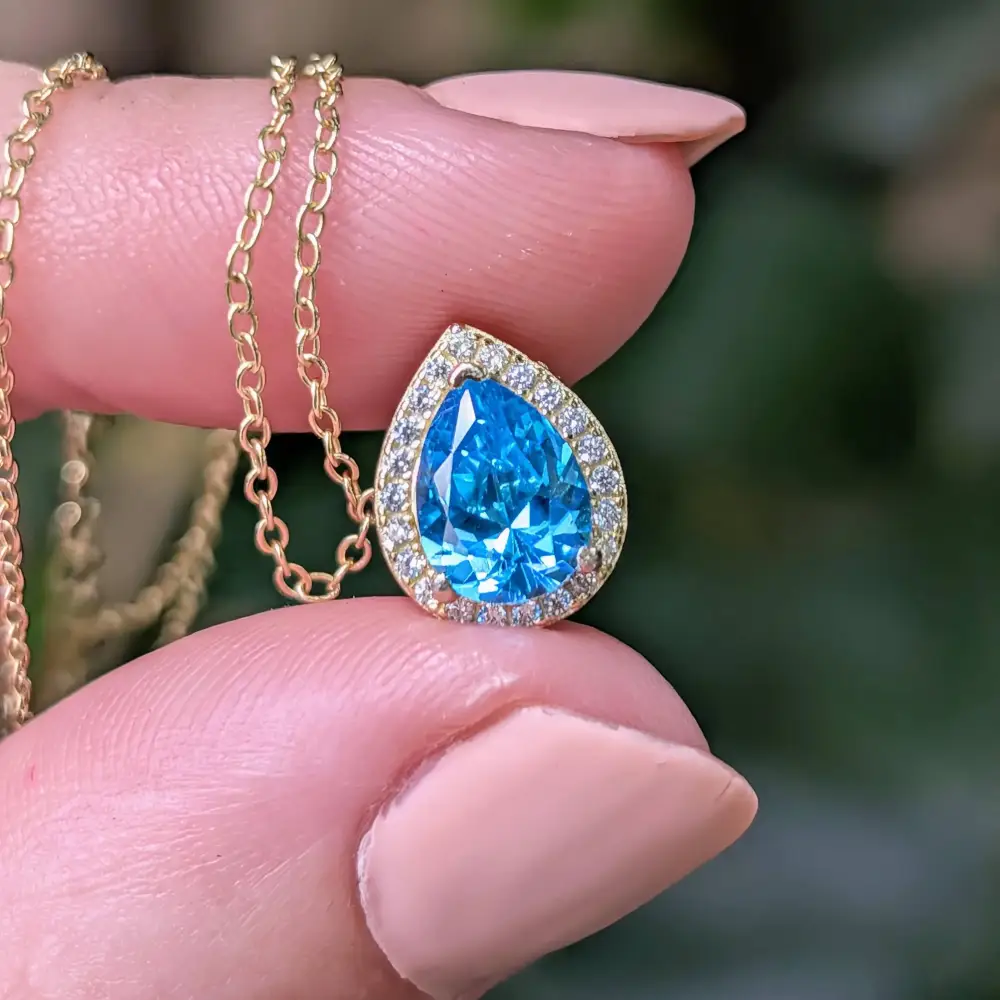 Floating Vintage Teardrop Blue Topaz Halo Pendant Necklace - Image 6