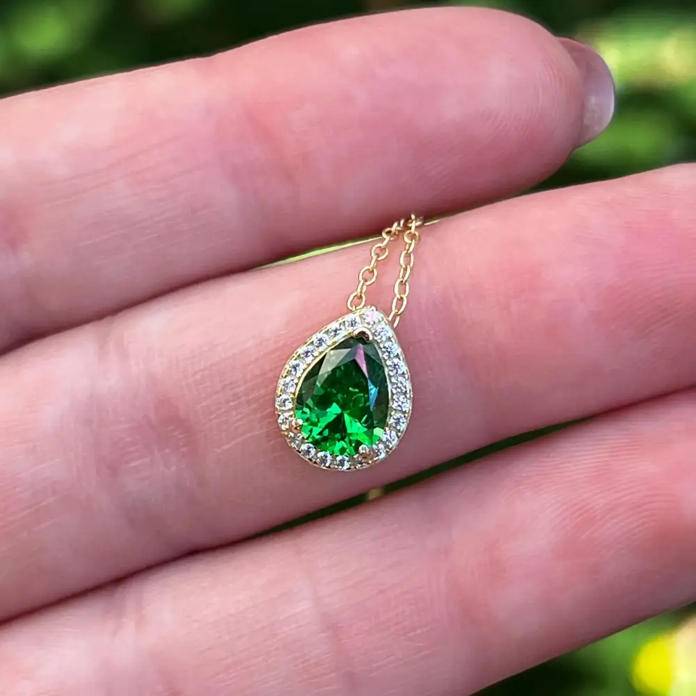 Floating Vintage Teardrop Emerald Halo Pendant Necklace - Image 5