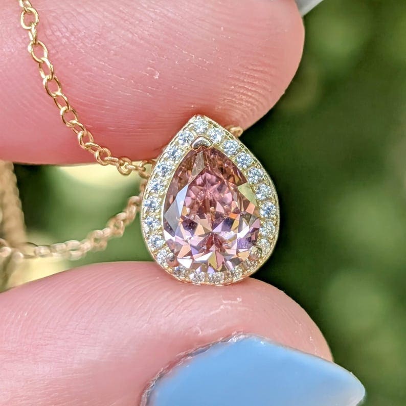Floating Vintage Teardrop Pink Tourmaline Halo Pendant Necklace