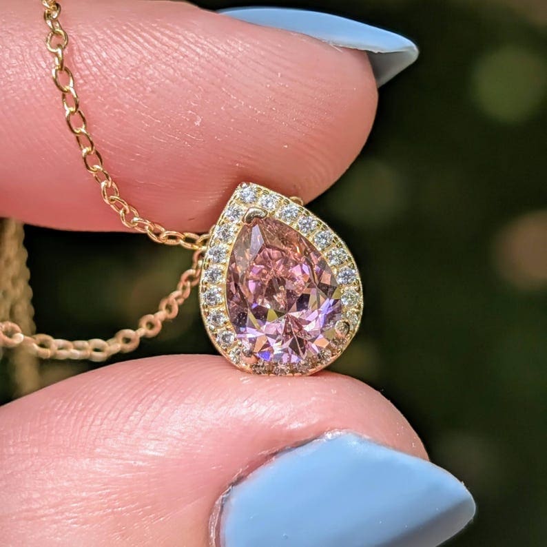 Floating Vintage Teardrop Pink Tourmaline Halo Pendant Necklace - Image 10