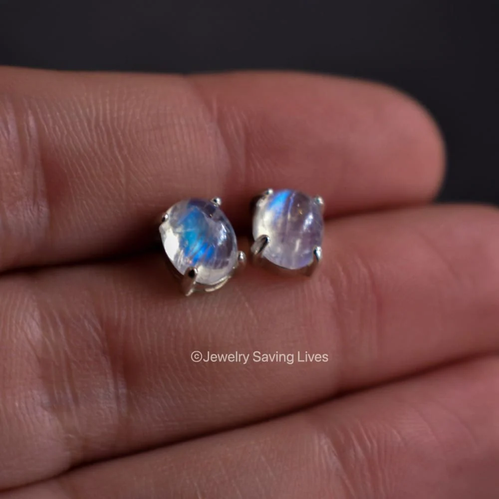 Oval Moonstone Stud Earrings - Image 9