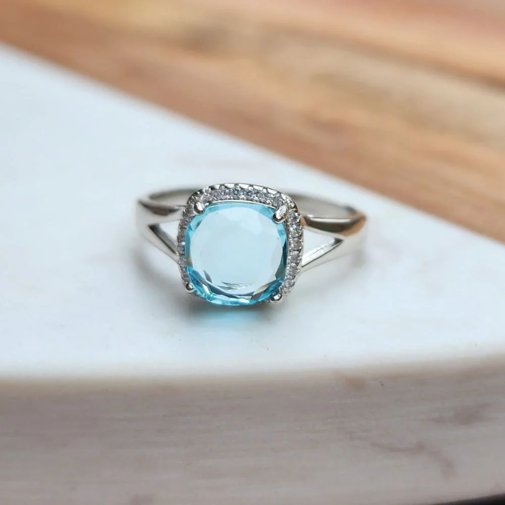 Natural Aquamarine Halo Double Band Ring - Image 4