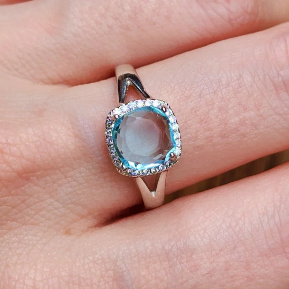 Natural Aquamarine Halo Double Band Ring - Image 6