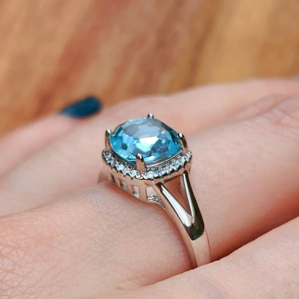 Natural Aquamarine Halo Double Band Ring - Image 7