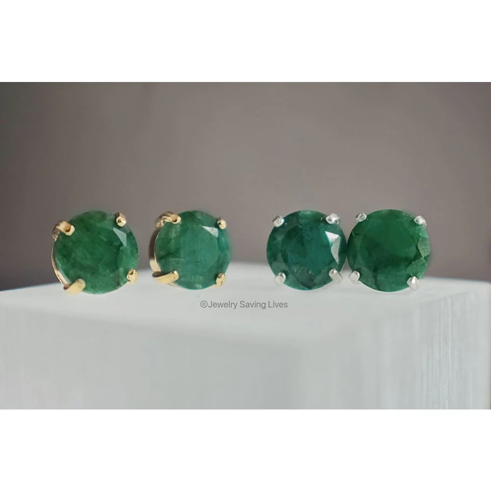 Round Natural Emerald Stud Earrings - Image 6