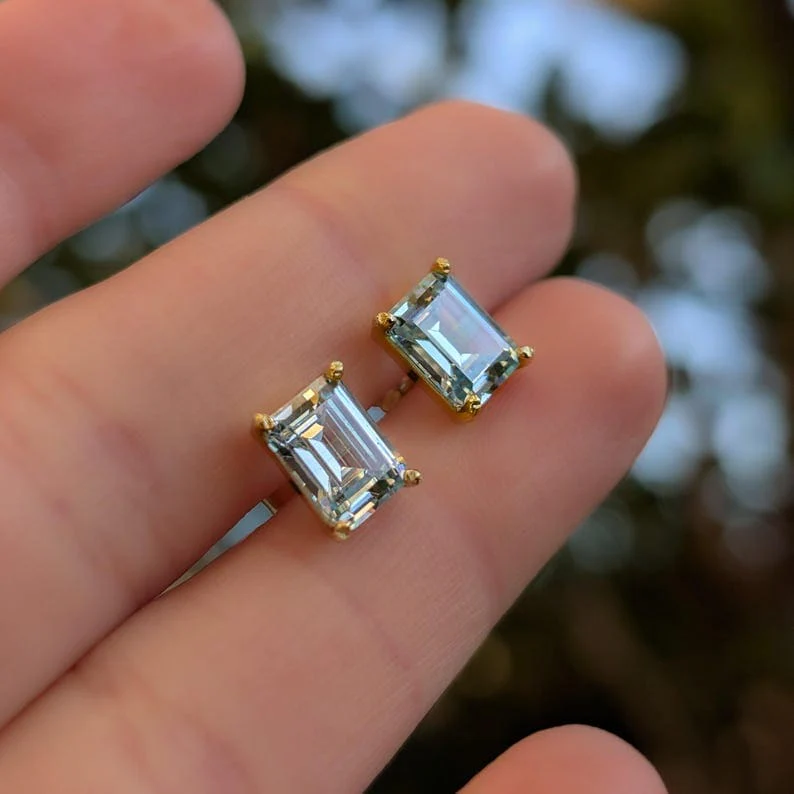 The Audette - Emerald Cut Aquamarine Stud Earrings - Image 7
