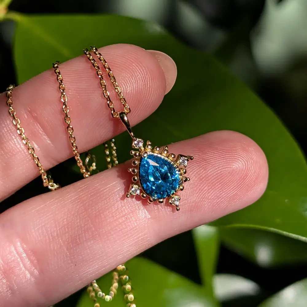 Vintage Teardrop Blue Topaz Halo Pendant Necklace - Image 4