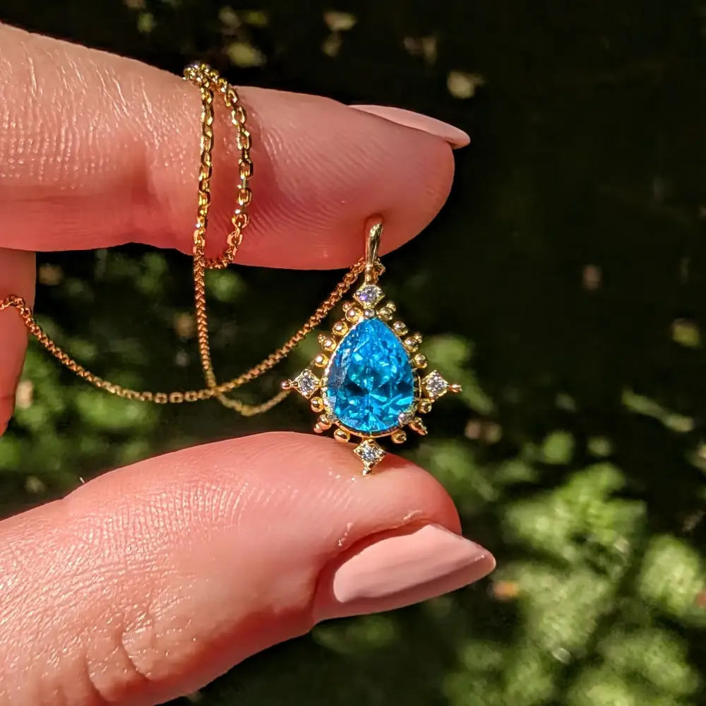 Vintage Teardrop Blue Topaz Halo Pendant Necklace - Image 5