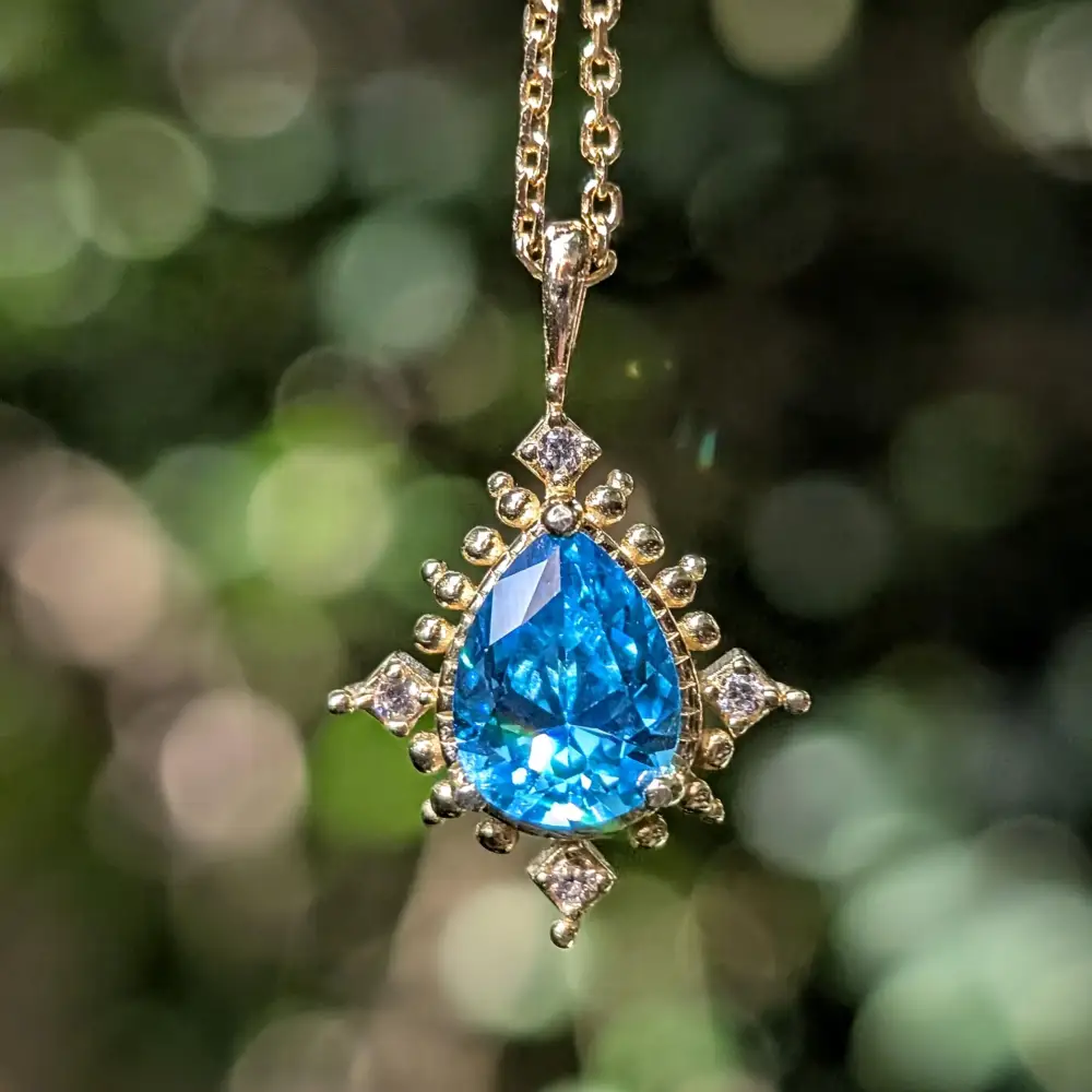 Vintage Teardrop Blue Topaz Halo Pendant Necklace - Image 7