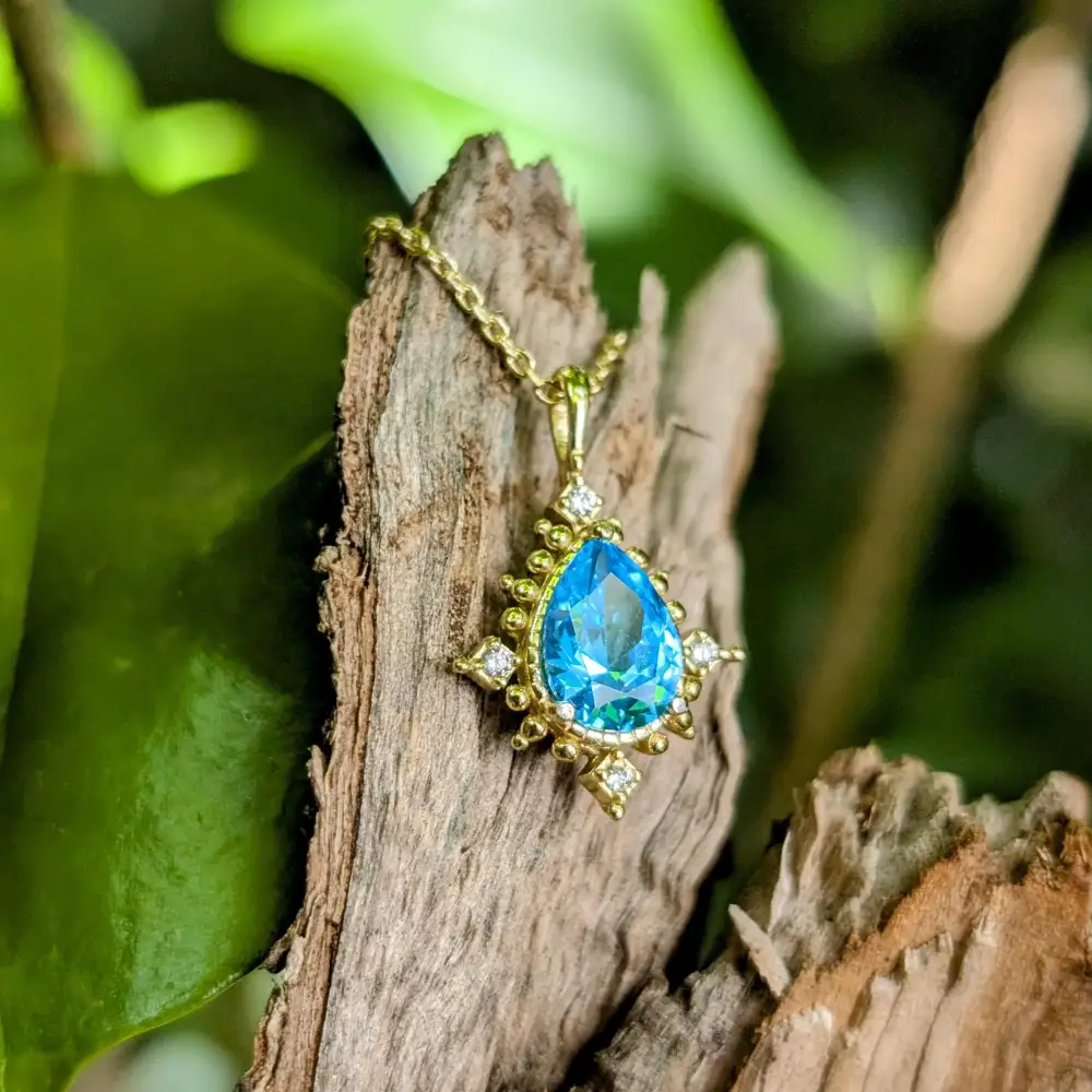 Vintage Teardrop Blue Topaz Halo Pendant Necklace - Image 9