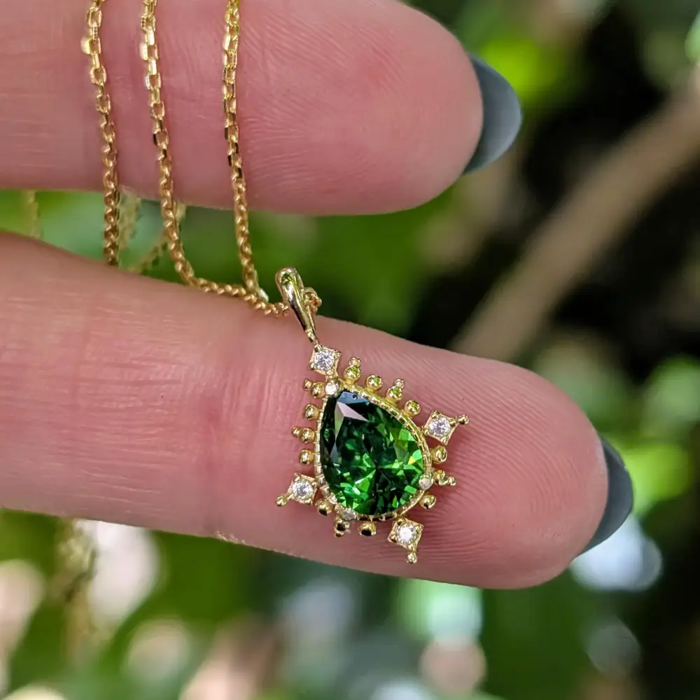 Vintage Teardrop Emerald Halo Pendant Necklace - Image 4