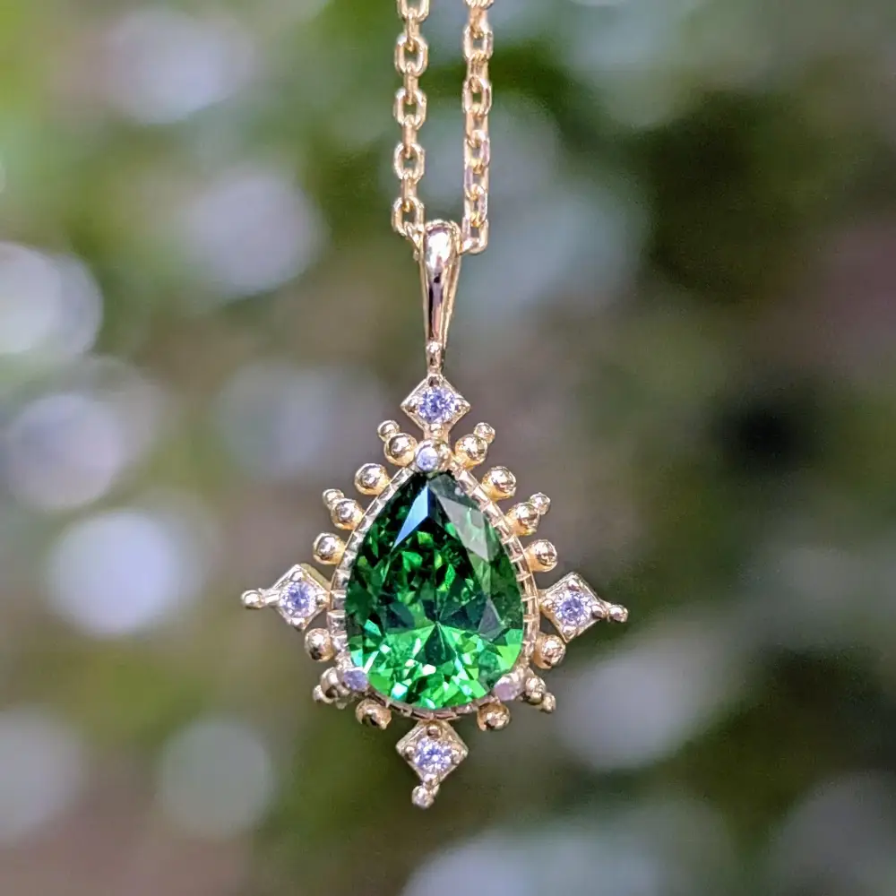 Vintage Teardrop Emerald Halo Pendant Necklace - Image 5