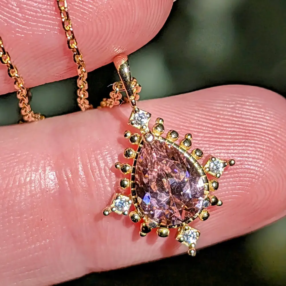 Vintage Teardrop Pink Tourmaline Halo Pendant Necklace - Image 4
