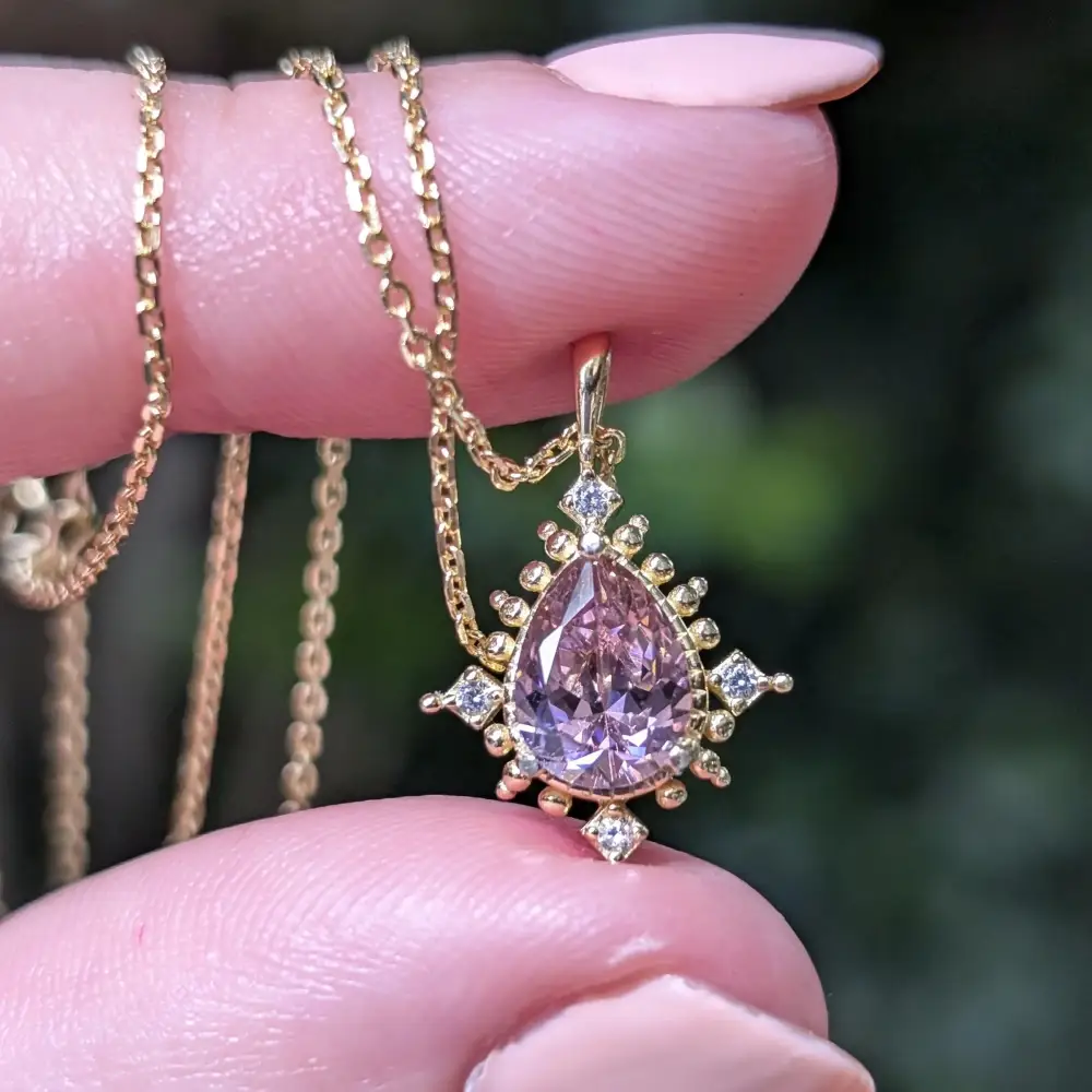 Vintage Teardrop Pink Tourmaline Halo Pendant Necklace - Image 5