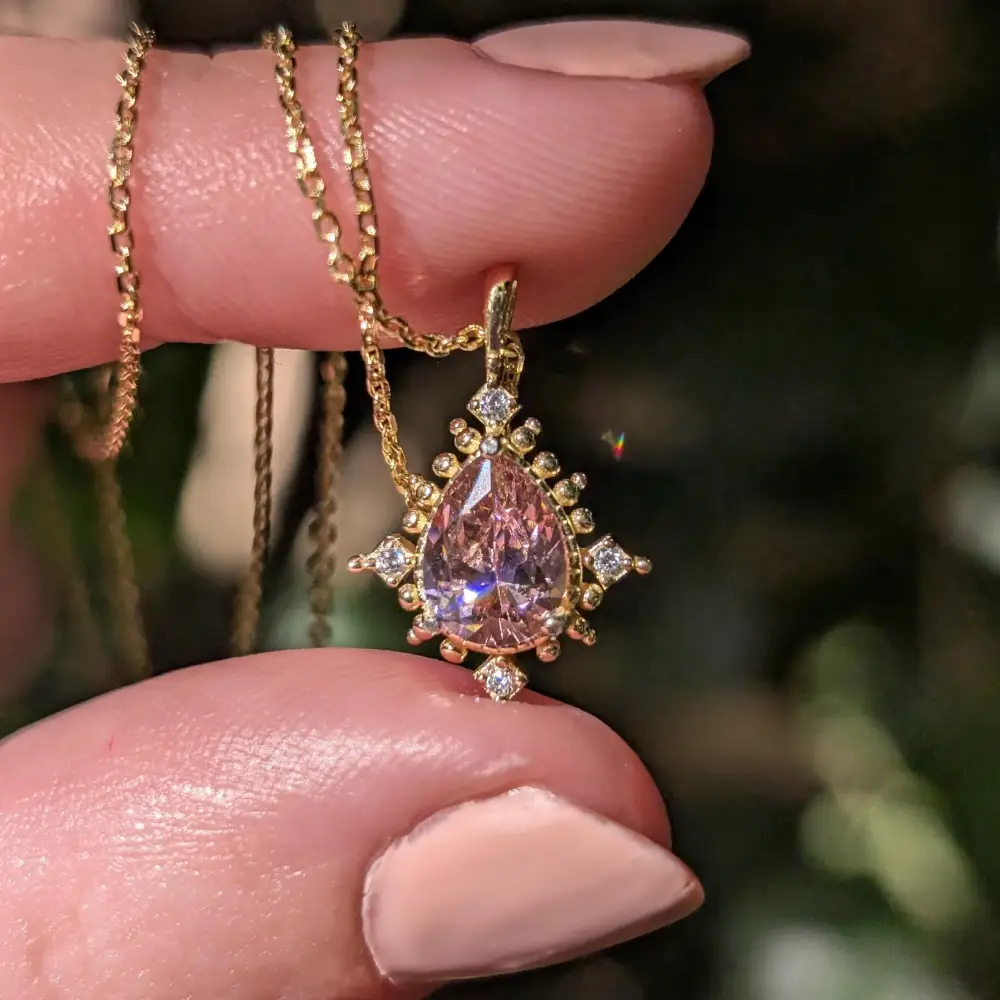 Vintage Teardrop Pink Tourmaline Halo Pendant Necklace - Image 7