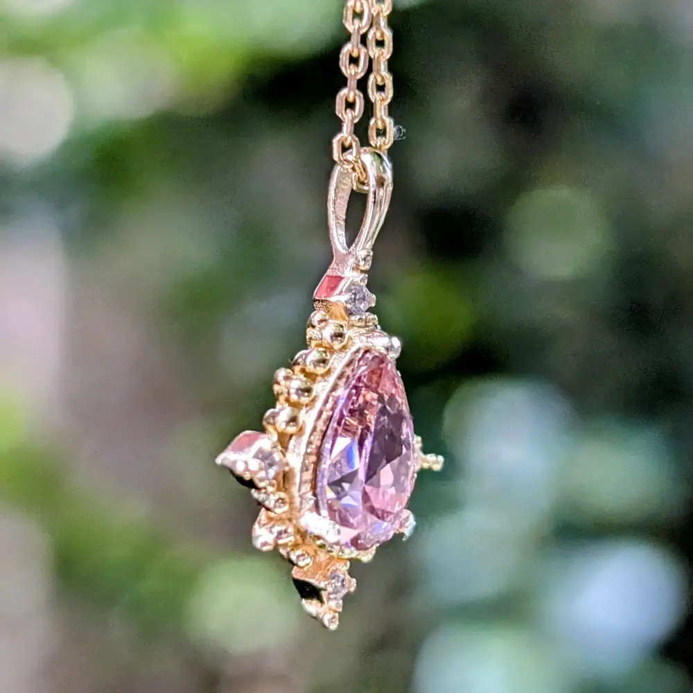 Vintage Teardrop Pink Tourmaline Halo Pendant Necklace - Image 8