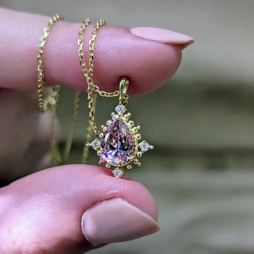 Vintage Teardrop Pink Tourmaline Halo Pendant Necklace - Image 9