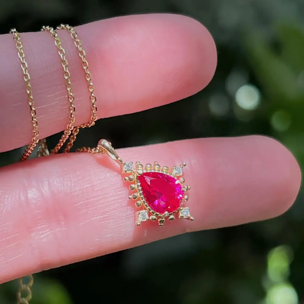 Vintage Teardrop Ruby Halo Pendant Necklace - Image 7