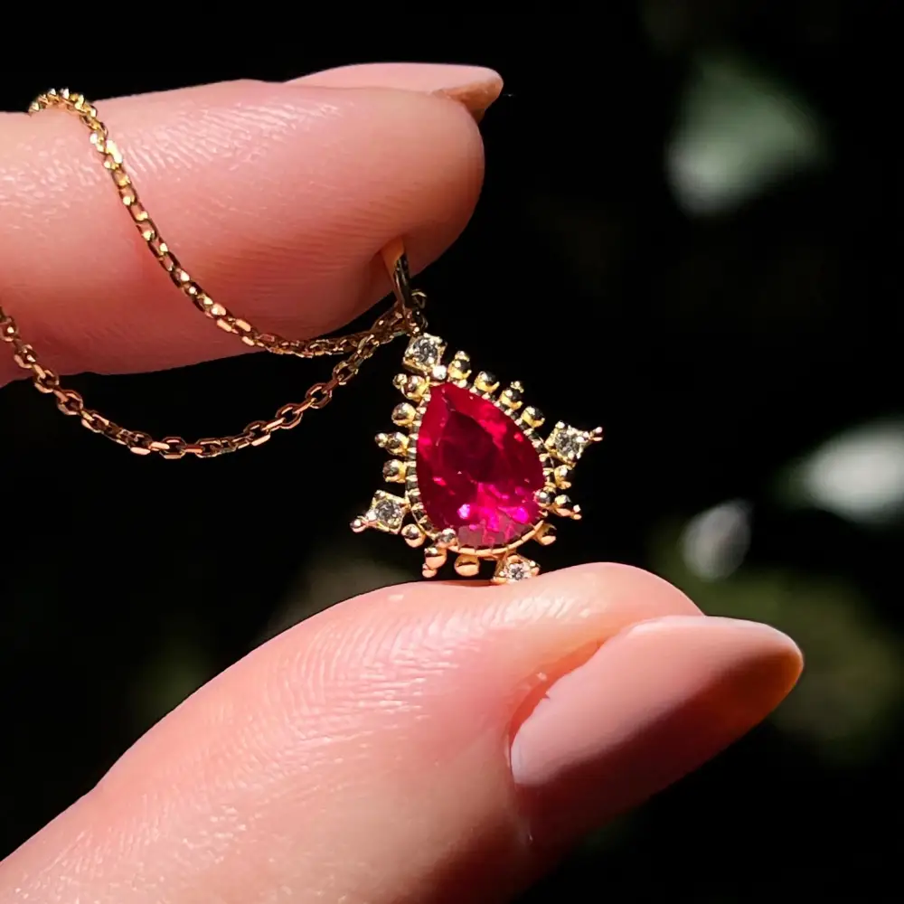 Vintage Teardrop Ruby Halo Pendant Necklace - Image 9
