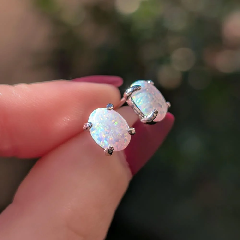 White Fire Opal Stud Earrings - Image 4